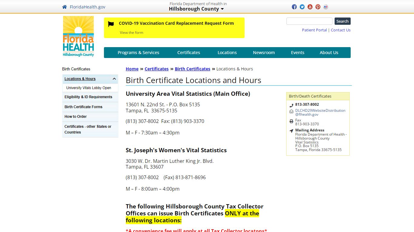 Birth Certificate Locations and Hours - Florida Department of Health