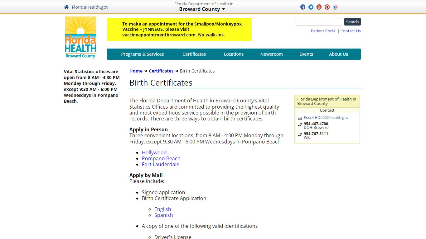 Birth Certificates | Florida Department of Health in Broward